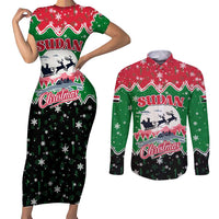 Sudan Christmas Couples Matching Short Sleeve Bodycon Dress and Long Sleeve Button Shirt with Red Green Black Xmas Santa Sleigh and Map - Wonder Print Shop