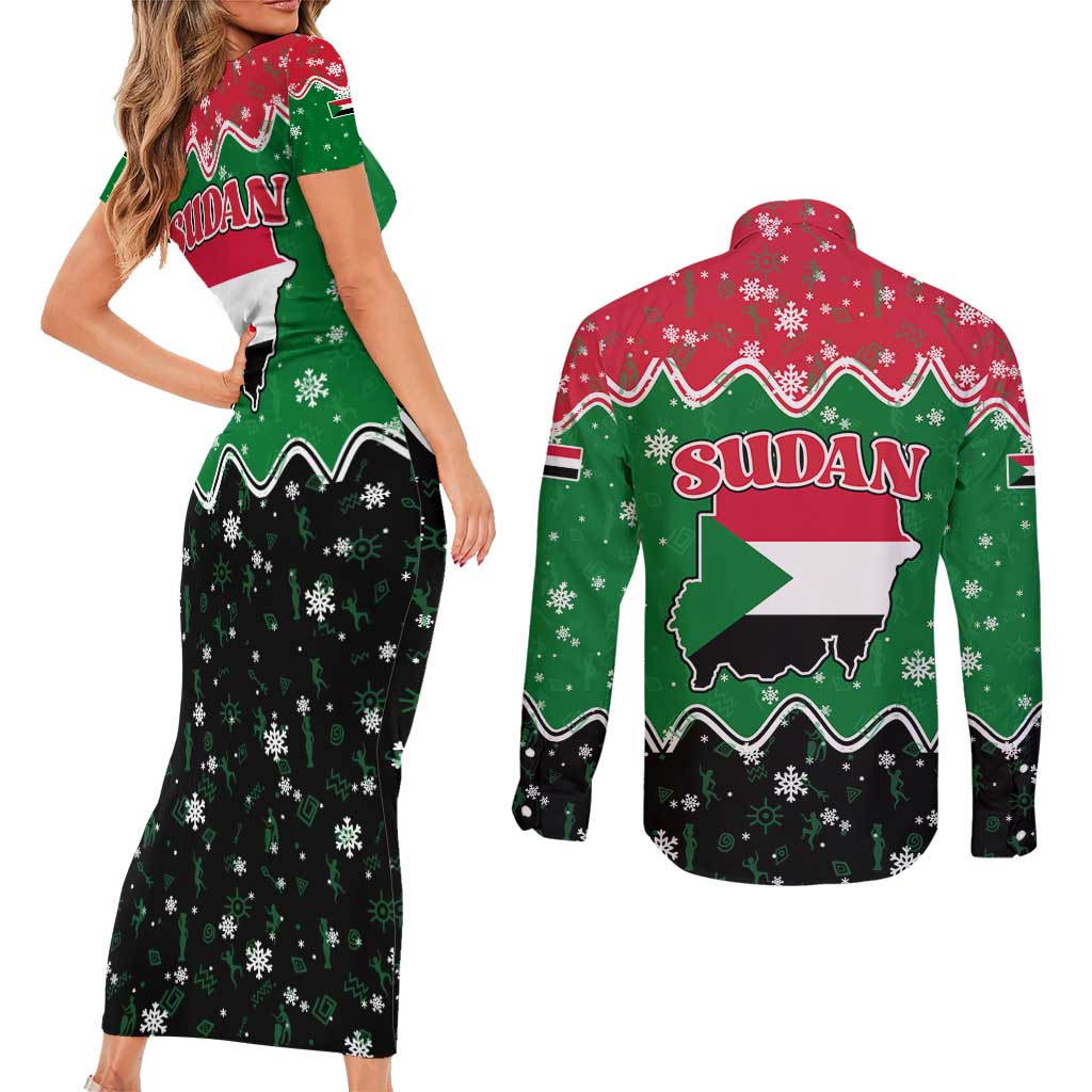 Sudan Christmas Couples Matching Short Sleeve Bodycon Dress and Long Sleeve Button Shirt with Red Green Black Xmas Santa Sleigh and Map - Wonder Print Shop