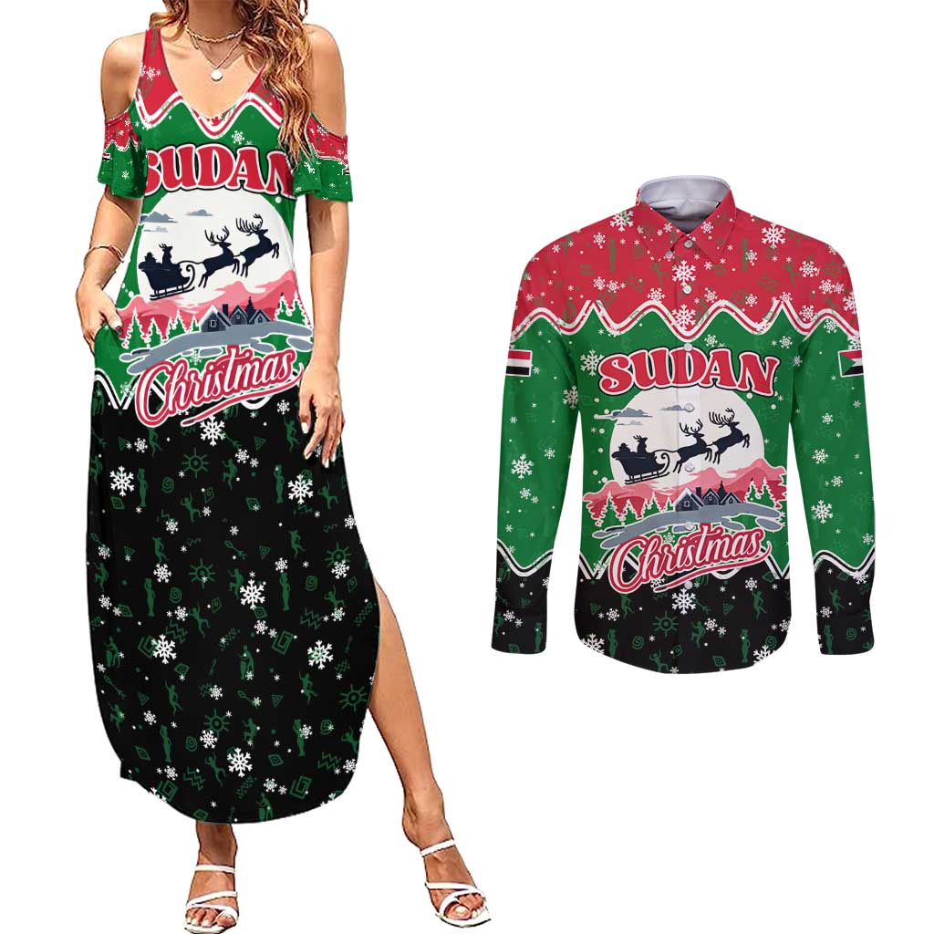Sudan Christmas Couples Matching Summer Maxi Dress and Long Sleeve Button Shirt with Red Green Black Xmas Santa Sleigh and Map - Wonder Print Shop