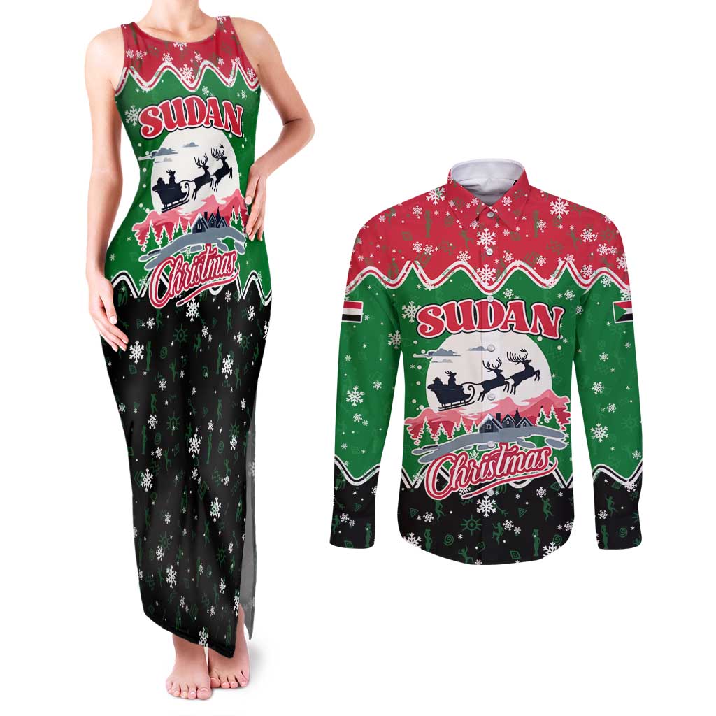 Sudan Christmas Couples Matching Tank Maxi Dress and Long Sleeve Button Shirt with Red Green Black Xmas Santa Sleigh and Map - Wonder Print Shop