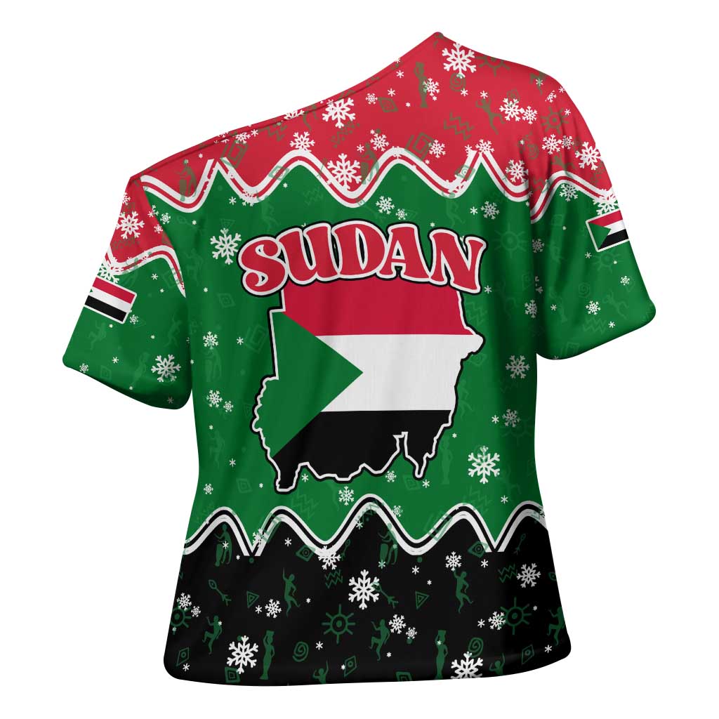 Sudan Christmas Cross Shoulder Shirt with Red Green Black Xmas Santa Sleigh and Map - Wonder Print Shop