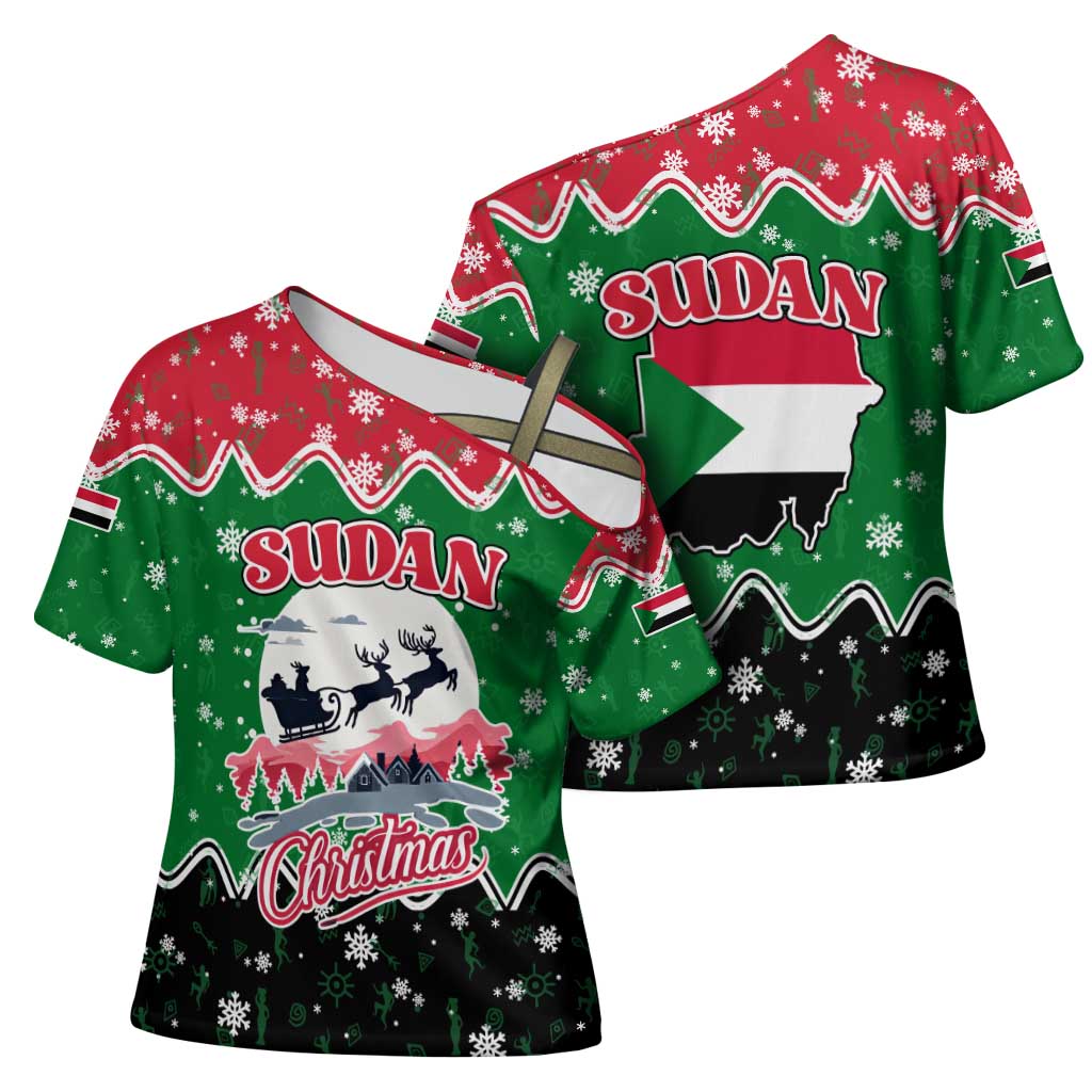 Sudan Christmas Cross Shoulder Shirt with Red Green Black Xmas Santa Sleigh and Map - Wonder Print Shop