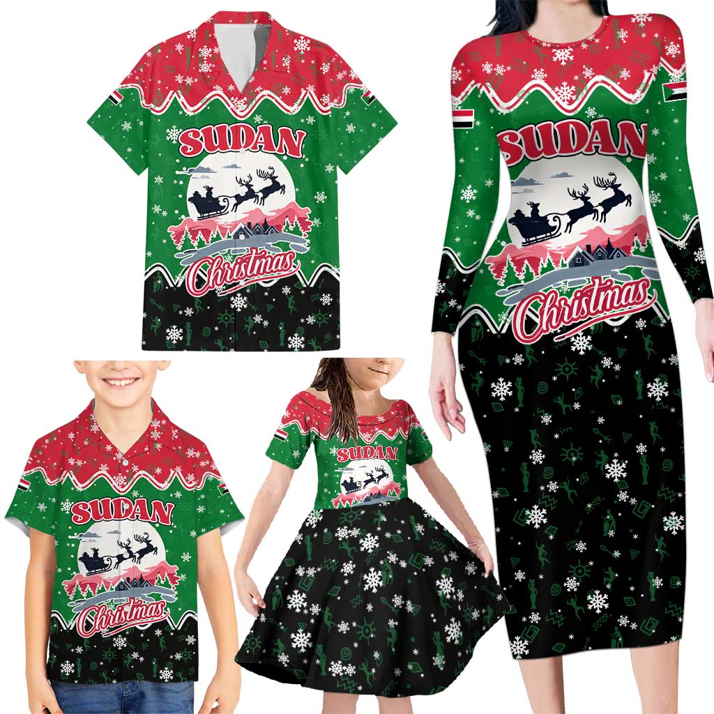 Sudan Christmas Family Matching Long Sleeve Bodycon Dress and Hawaiian Shirt with Red Green Black Xmas Santa Sleigh and Map - Wonder Print Shop