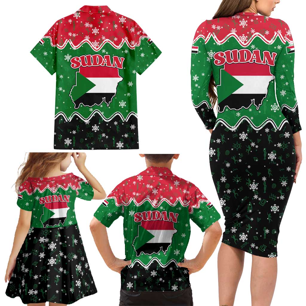 Sudan Christmas Family Matching Long Sleeve Bodycon Dress and Hawaiian Shirt with Red Green Black Xmas Santa Sleigh and Map - Wonder Print Shop