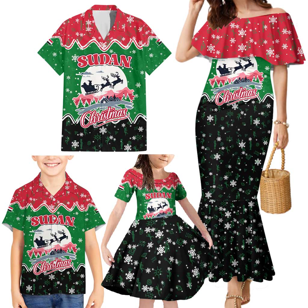 Sudan Christmas Family Matching Mermaid Dress and Hawaiian Shirt with Red Green Black Xmas Santa Sleigh and Map - Wonder Print Shop