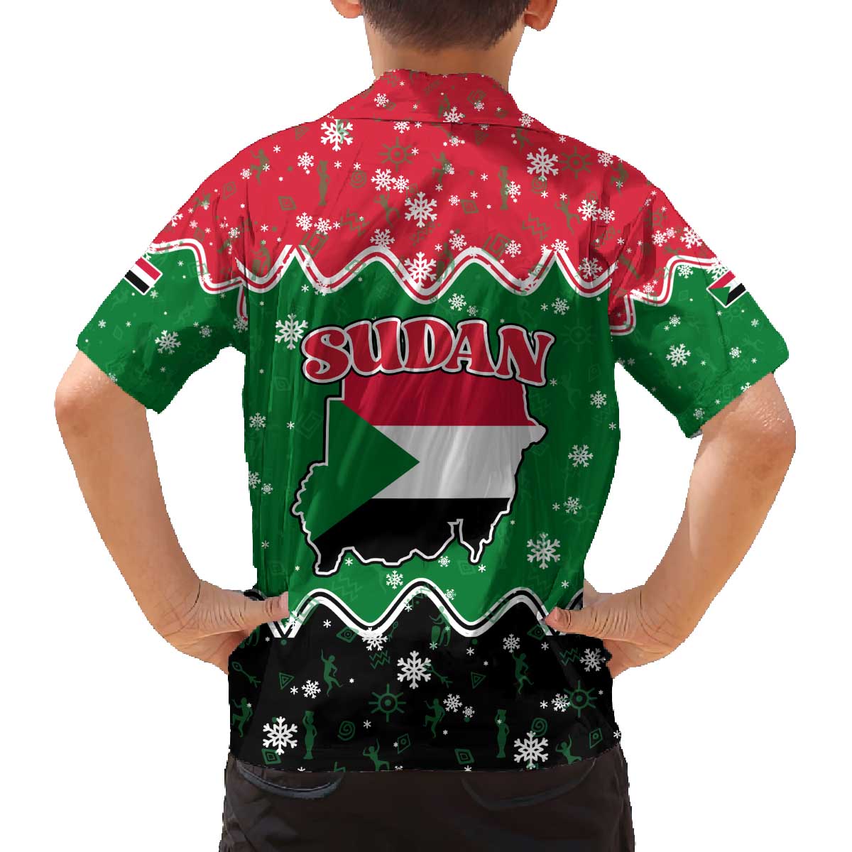 Sudan Christmas Family Matching Off The Shoulder Long Sleeve Dress and Hawaiian Shirt with Red Green Black Xmas Santa Sleigh and Map - Wonder Print Shop
