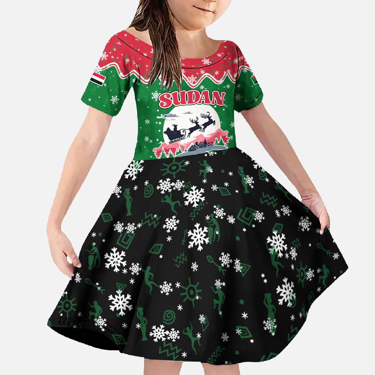 Sudan Christmas Family Matching Off The Shoulder Long Sleeve Dress and Hawaiian Shirt with Red Green Black Xmas Santa Sleigh and Map - Wonder Print Shop