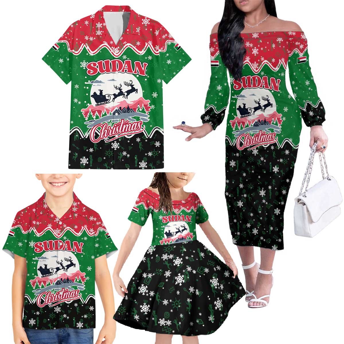 Sudan Christmas Family Matching Off The Shoulder Long Sleeve Dress and Hawaiian Shirt with Red Green Black Xmas Santa Sleigh and Map - Wonder Print Shop