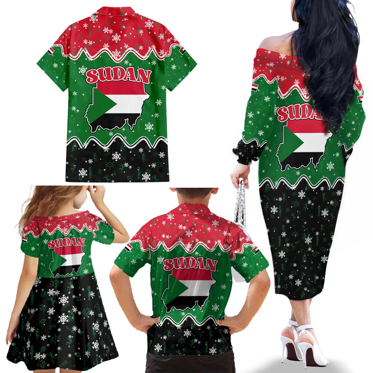 Sudan Christmas Family Matching Off The Shoulder Long Sleeve Dress and Hawaiian Shirt with Red Green Black Xmas Santa Sleigh and Map - Wonder Print Shop
