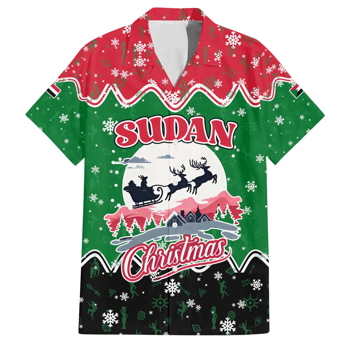 Sudan Christmas Family Matching Off The Shoulder Long Sleeve Dress and Hawaiian Shirt with Red Green Black Xmas Santa Sleigh and Map - Wonder Print Shop