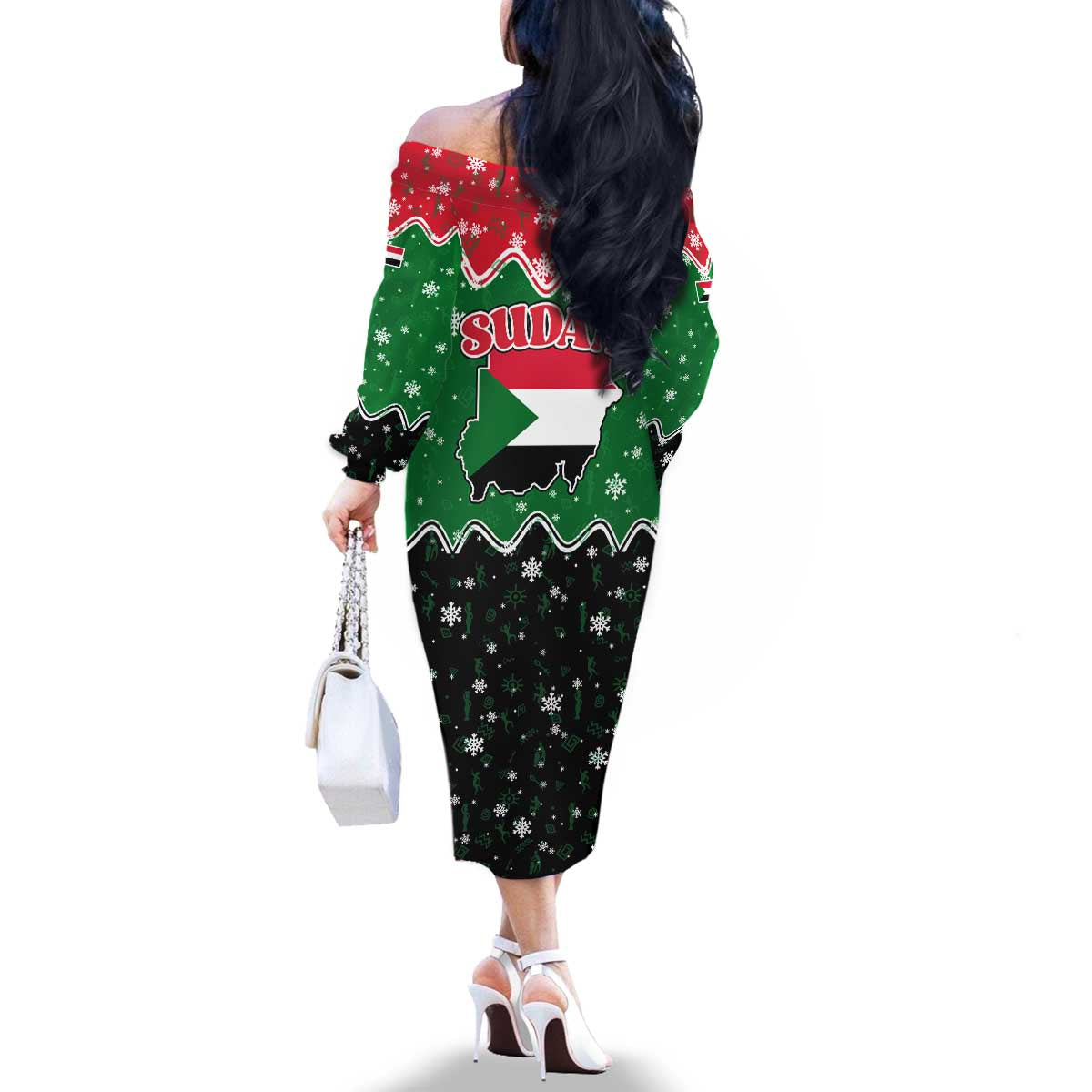 Sudan Christmas Family Matching Off The Shoulder Long Sleeve Dress and Hawaiian Shirt with Red Green Black Xmas Santa Sleigh and Map - Wonder Print Shop