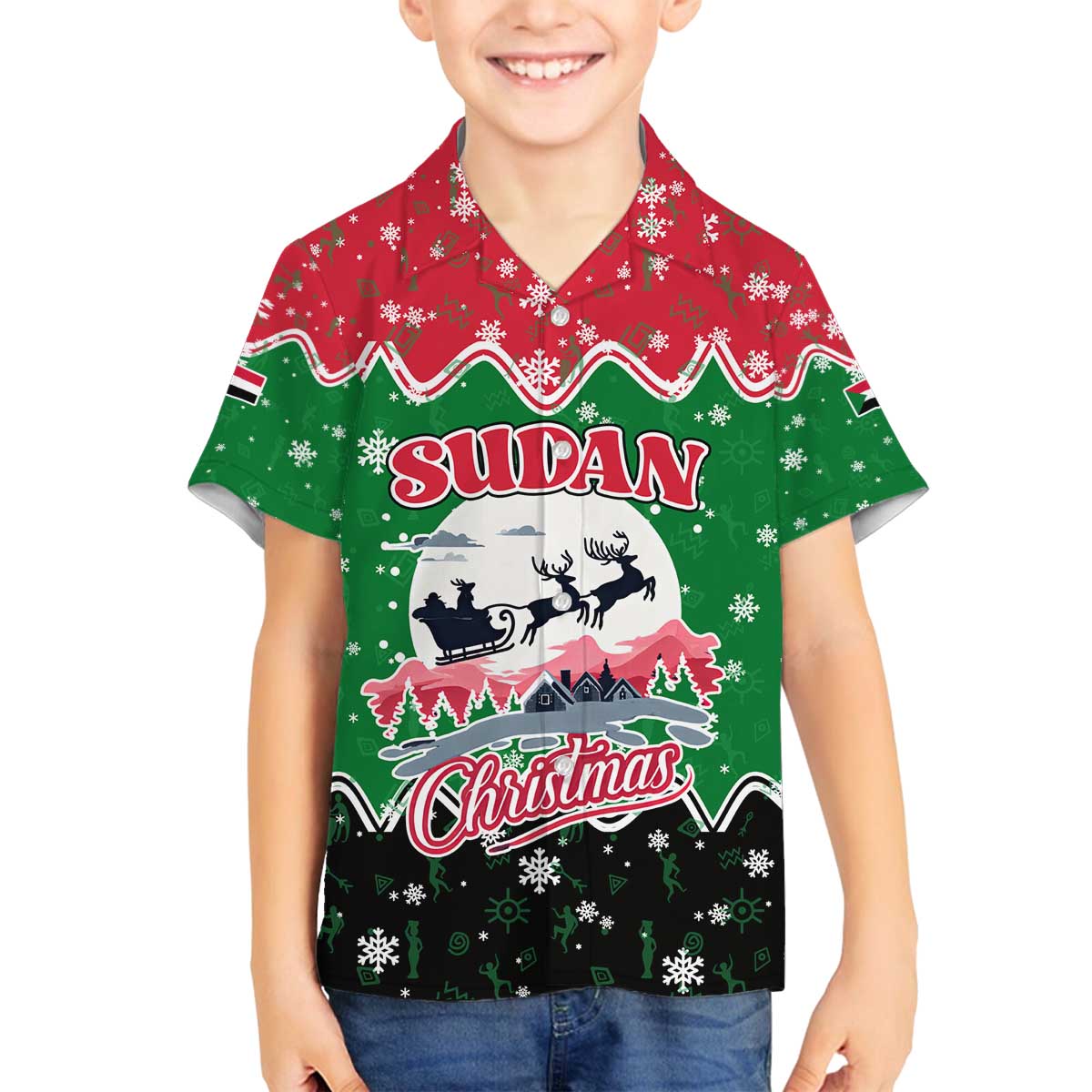Sudan Christmas Family Matching Off The Shoulder Long Sleeve Dress and Hawaiian Shirt with Red Green Black Xmas Santa Sleigh and Map - Wonder Print Shop