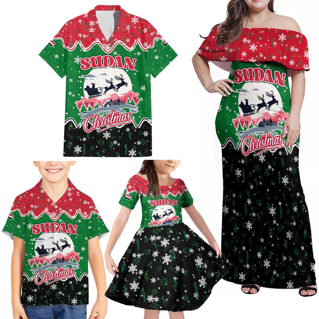Sudan Christmas Family Matching Off Shoulder Maxi Dress and Hawaiian Shirt with Red Green Black Xmas Santa Sleigh and Map - Wonder Print Shop