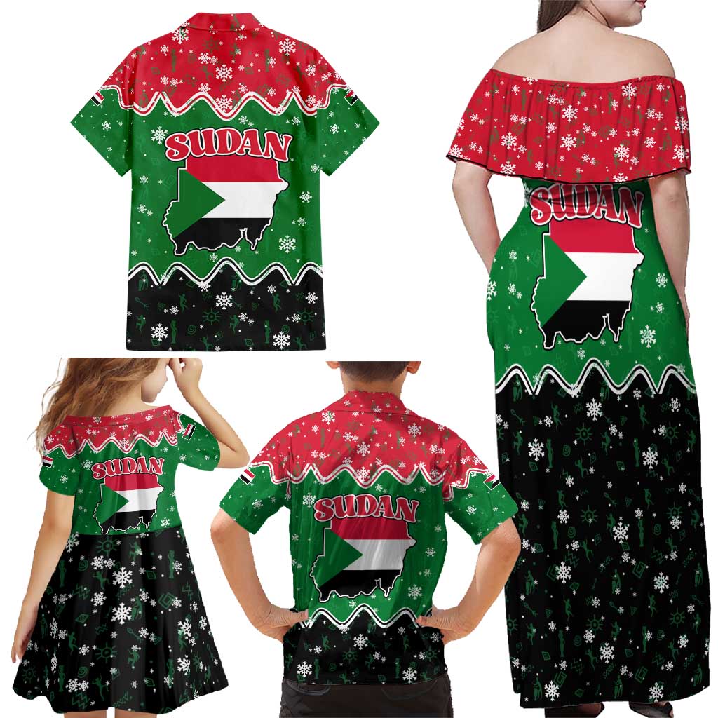 Sudan Christmas Family Matching Off Shoulder Maxi Dress and Hawaiian Shirt with Red Green Black Xmas Santa Sleigh and Map - Wonder Print Shop