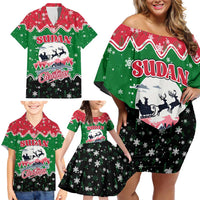 Sudan Christmas Family Matching Off Shoulder Short Dress and Hawaiian Shirt with Red Green Black Xmas Santa Sleigh and Map - Wonder Print Shop