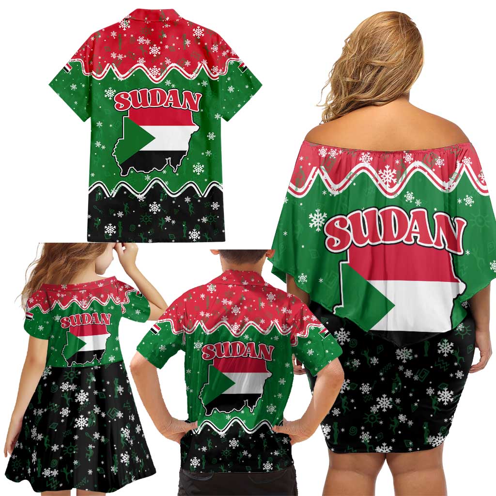 Sudan Christmas Family Matching Off Shoulder Short Dress and Hawaiian Shirt with Red Green Black Xmas Santa Sleigh and Map - Wonder Print Shop