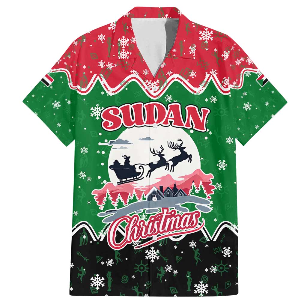 Sudan Christmas Family Matching Off Shoulder Short Dress and Hawaiian Shirt with Red Green Black Xmas Santa Sleigh and Map - Wonder Print Shop