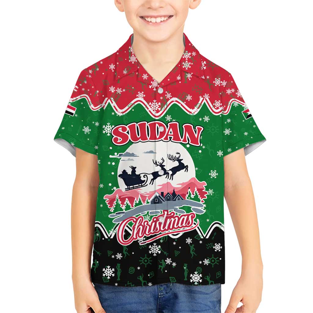Sudan Christmas Family Matching Off Shoulder Short Dress and Hawaiian Shirt with Red Green Black Xmas Santa Sleigh and Map - Wonder Print Shop