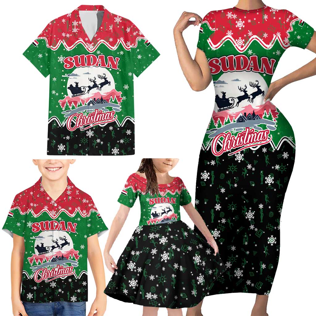 Sudan Christmas Family Matching Short Sleeve Bodycon Dress and Hawaiian Shirt with Red Green Black Xmas Santa Sleigh and Map - Wonder Print Shop