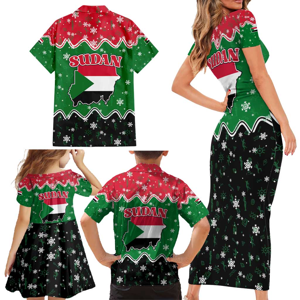 Sudan Christmas Family Matching Short Sleeve Bodycon Dress and Hawaiian Shirt with Red Green Black Xmas Santa Sleigh and Map - Wonder Print Shop
