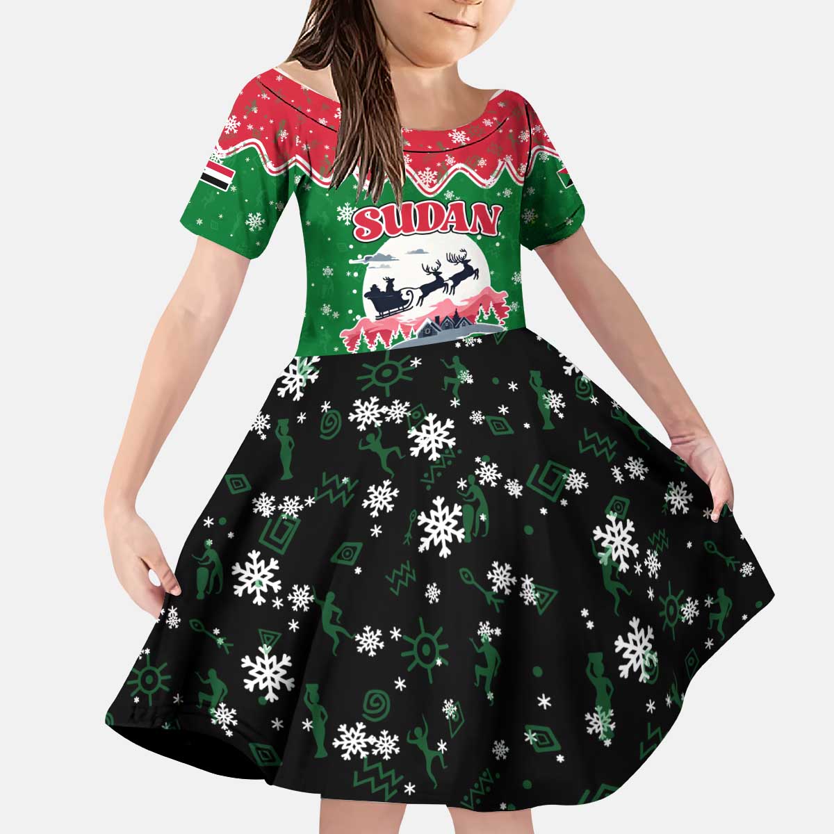 Sudan Christmas Kid Short Sleeve Dress with Red Green Black Xmas Santa Sleigh and Map - Wonder Print Shop