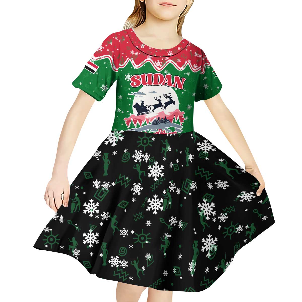 Sudan Christmas Kid Short Sleeve Dress with Red Green Black Xmas Santa Sleigh and Map - Wonder Print Shop