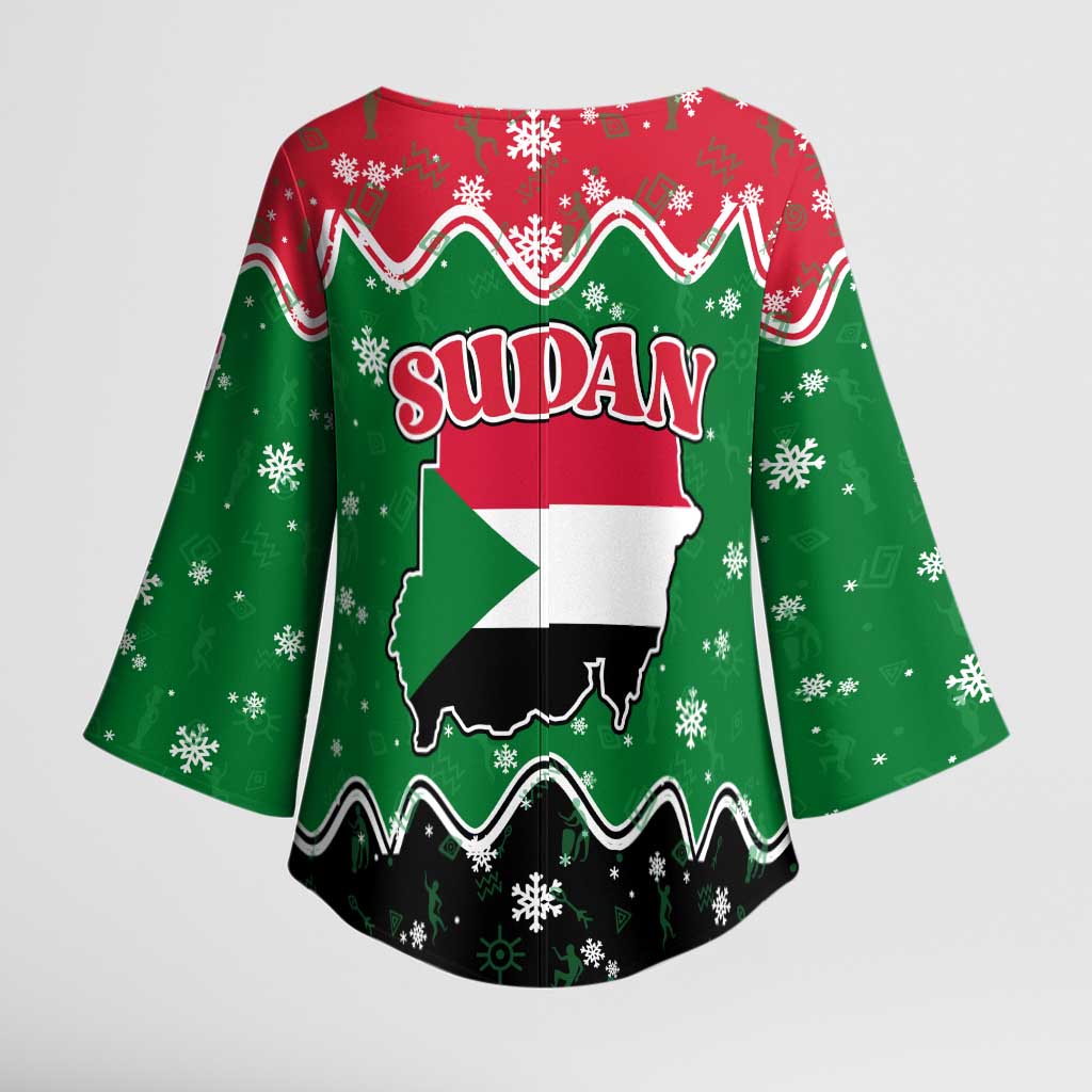 Sudan Christmas Kimono Sleeve Blouse with Red Green Black Xmas Santa Sleigh and Map - Wonder Print Shop