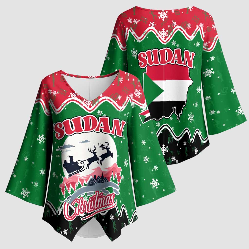 Sudan Christmas Kimono Sleeve Blouse with Red Green Black Xmas Santa Sleigh and Map - Wonder Print Shop