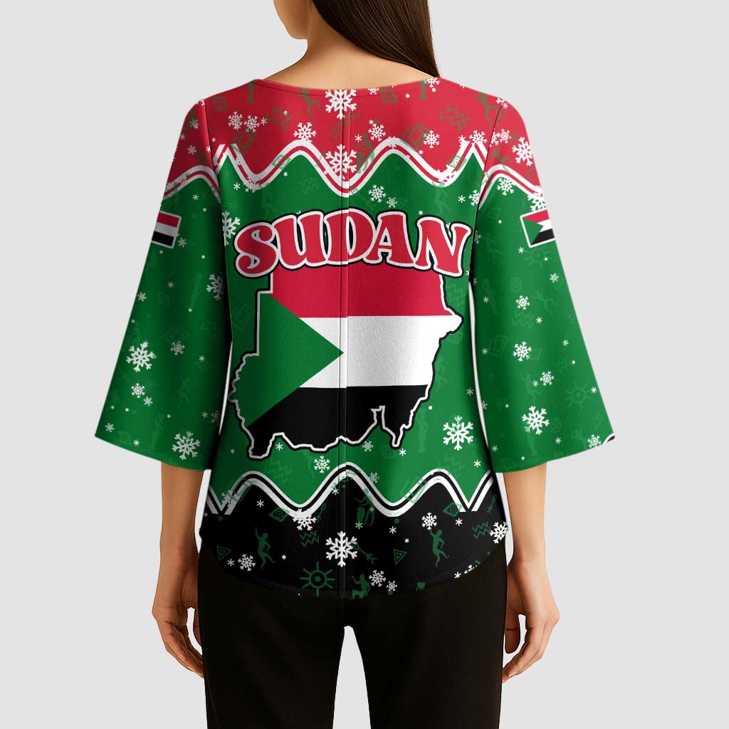 Sudan Christmas Kimono Sleeve Blouse with Red Green Black Xmas Santa Sleigh and Map - Wonder Print Shop