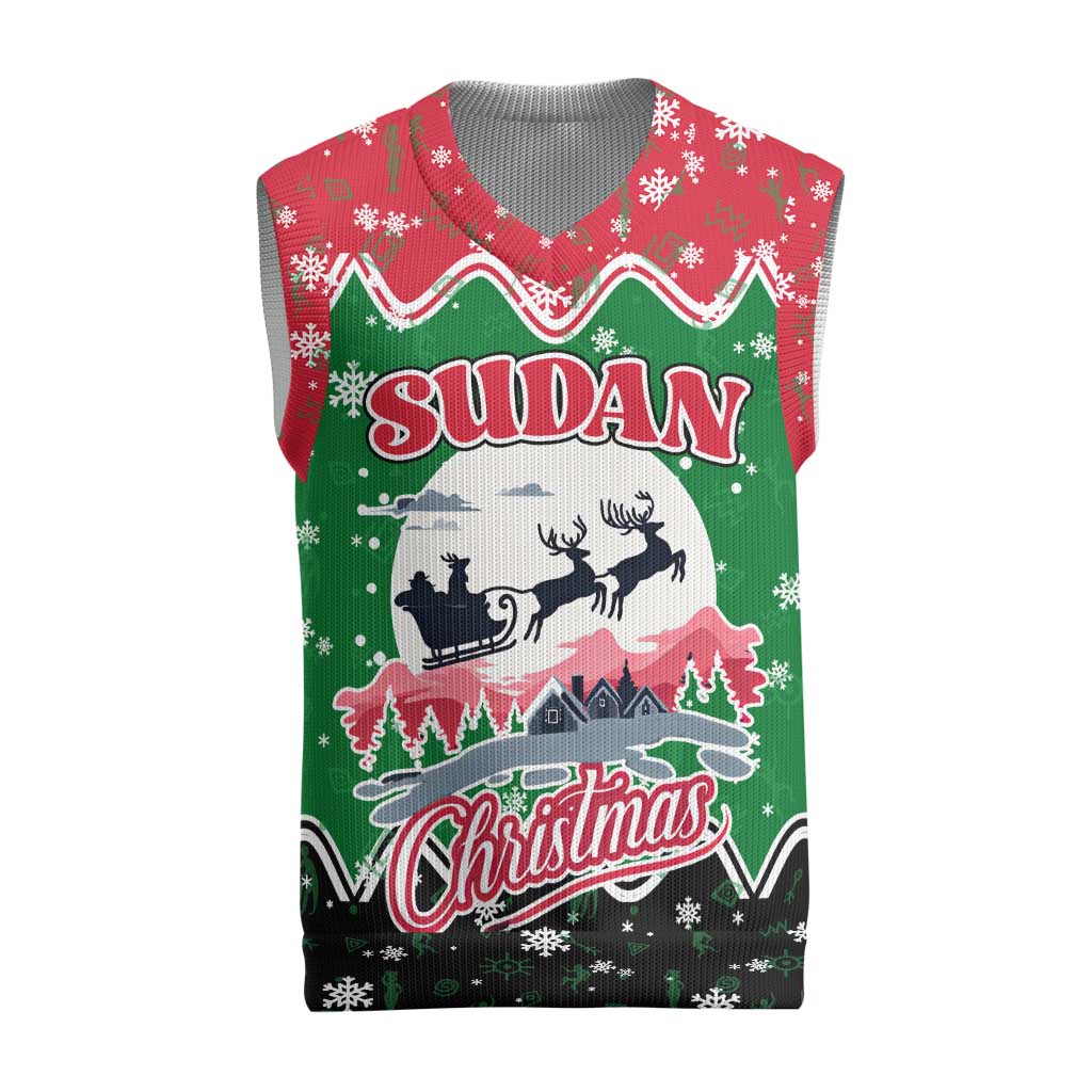 Sudan Christmas Knitted V-Neck Vest with Red Green Black Xmas Santa Sleigh and Map - Wonder Print Shop