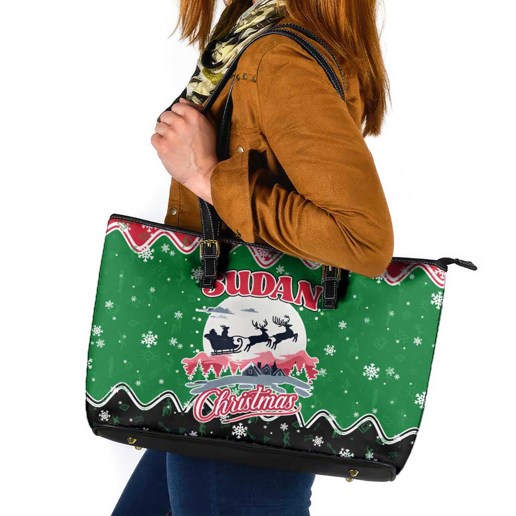Sudan Christmas Leather Tote Bag with Red Green Black Xmas Santa Sleigh and Map - Wonder Print Shop