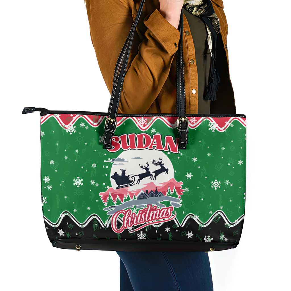 Sudan Christmas Leather Tote Bag with Red Green Black Xmas Santa Sleigh and Map - Wonder Print Shop