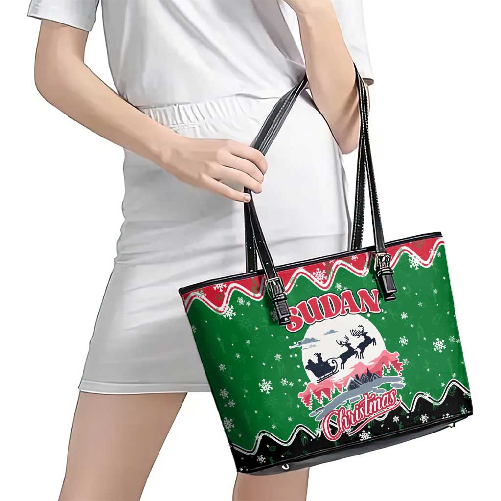 Sudan Christmas Leather Tote Bag with Red Green Black Xmas Santa Sleigh and Map - Wonder Print Shop