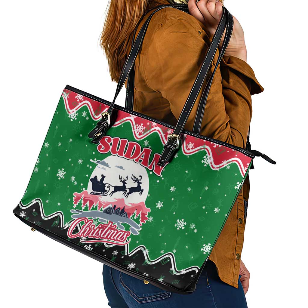 Sudan Christmas Leather Tote Bag with Red Green Black Xmas Santa Sleigh and Map - Wonder Print Shop