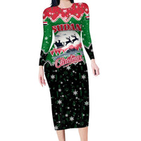Sudan Christmas Long Sleeve Bodycon Dress with Red Green Black Xmas Santa Sleigh and Map - Wonder Print Shop
