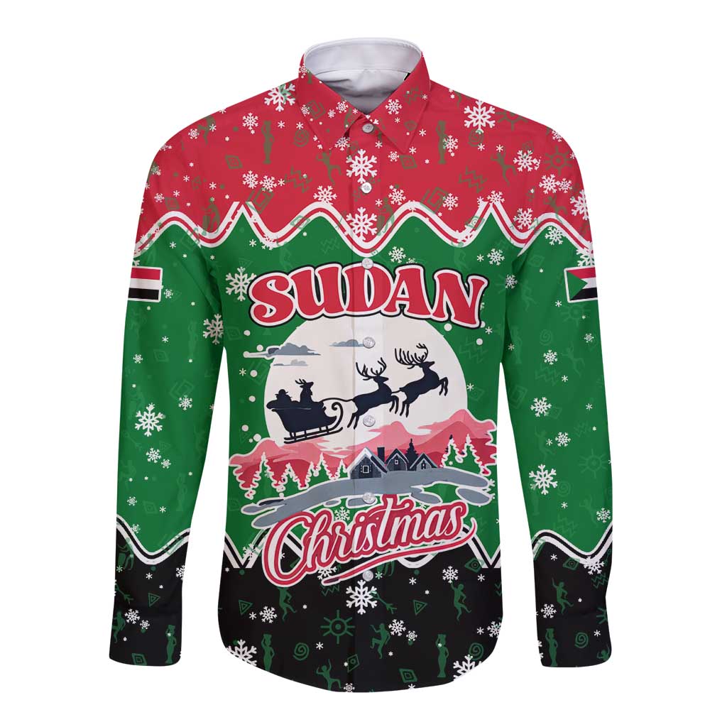 Sudan Christmas Long Sleeve Button Shirt with Red Green Black Xmas Santa Sleigh and Map - Wonder Print Shop