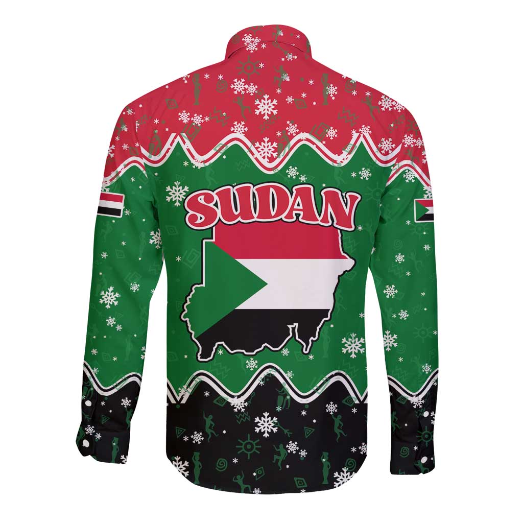 Sudan Christmas Long Sleeve Button Shirt with Red Green Black Xmas Santa Sleigh and Map - Wonder Print Shop
