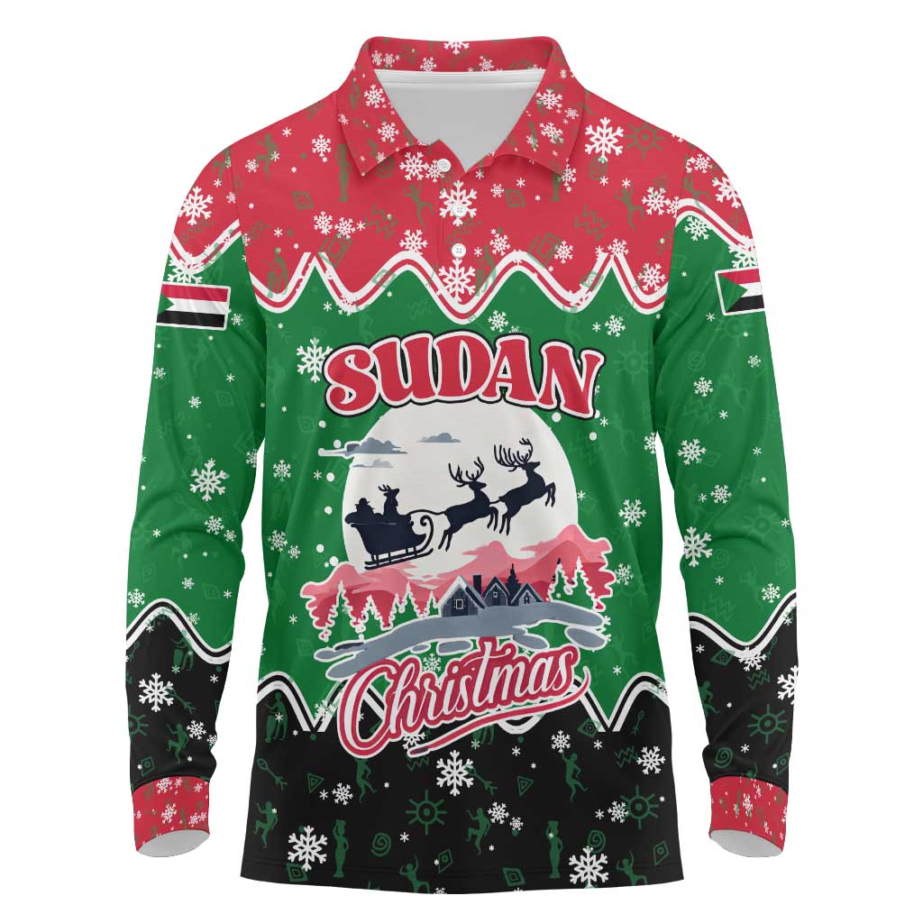 Sudan Christmas Long Sleeve Polo Shirt with Red Green Black Xmas Santa Sleigh and Map - Wonder Print Shop