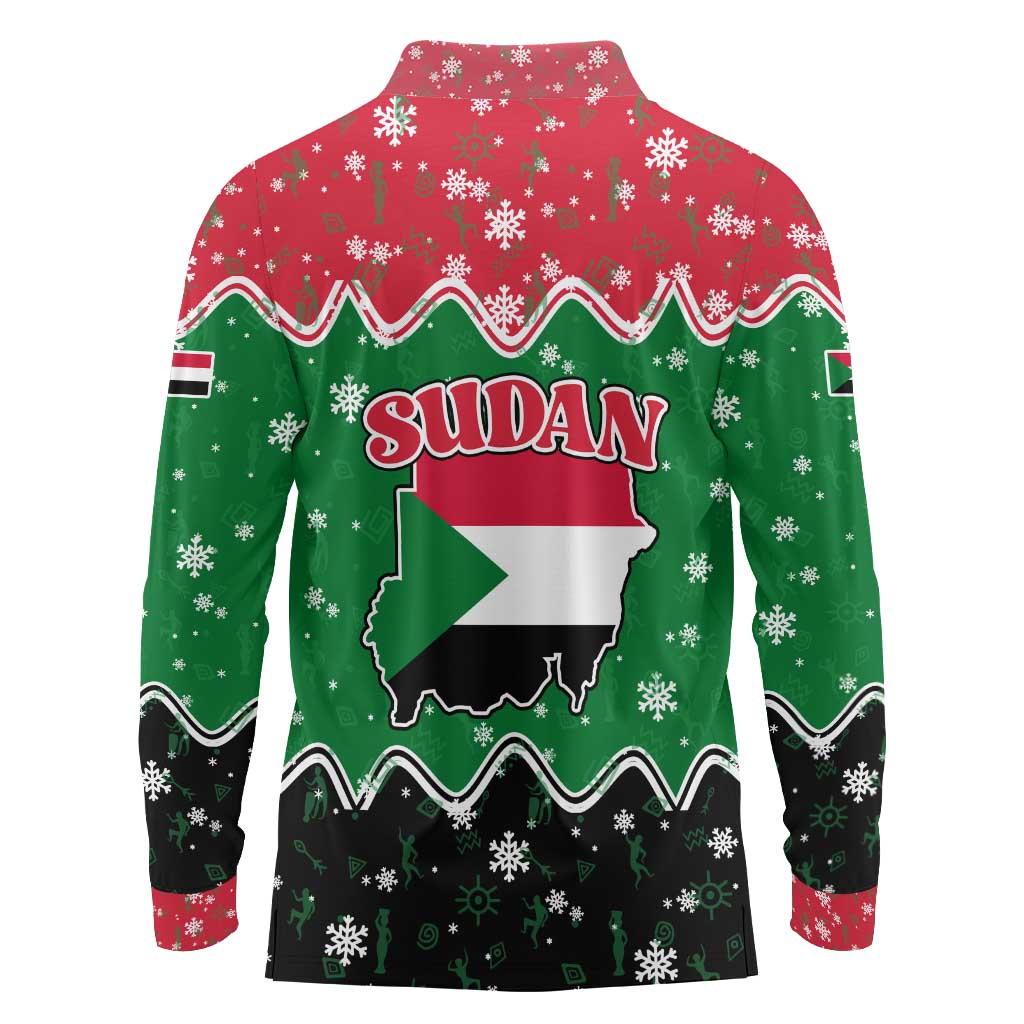 Sudan Christmas Long Sleeve Polo Shirt with Red Green Black Xmas Santa Sleigh and Map - Wonder Print Shop