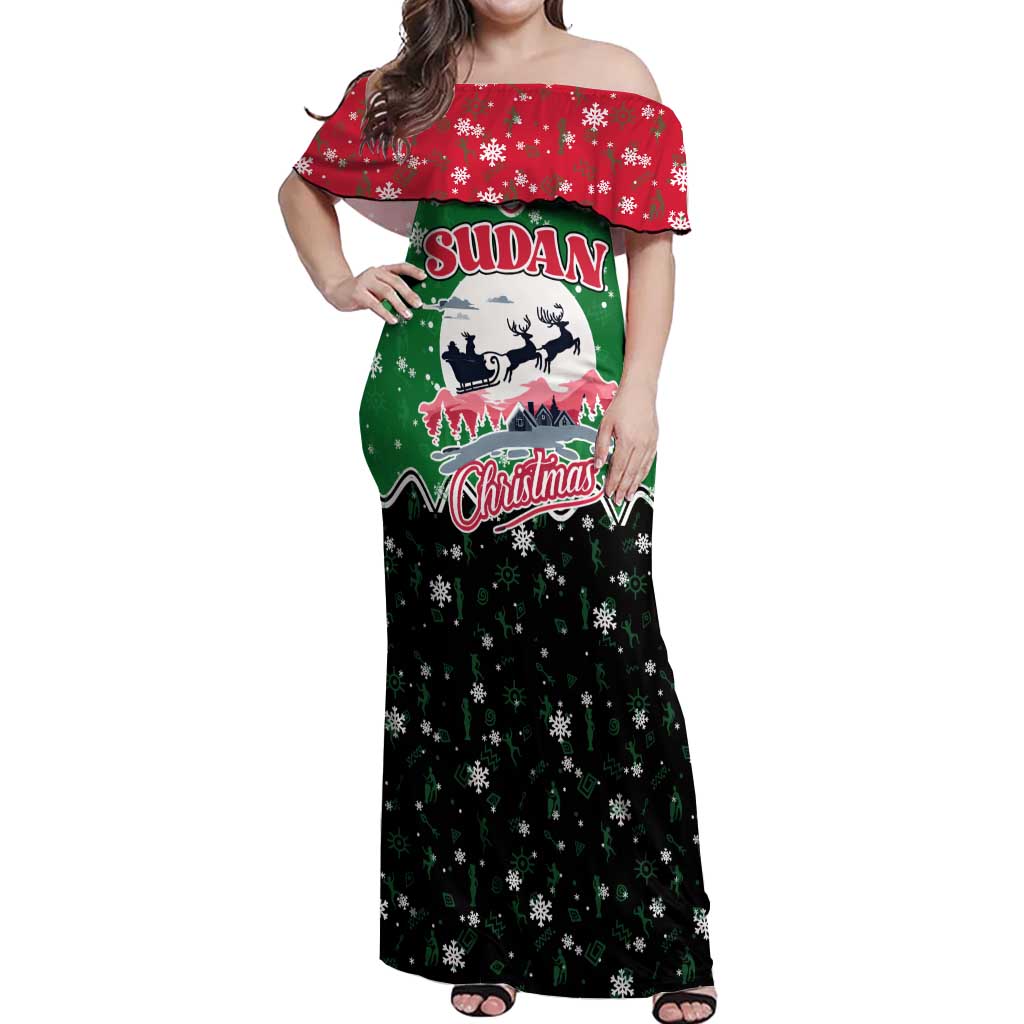 Sudan Christmas Off Shoulder Maxi Dress with Red Green Black Xmas Santa Sleigh and Map - Wonder Print Shop