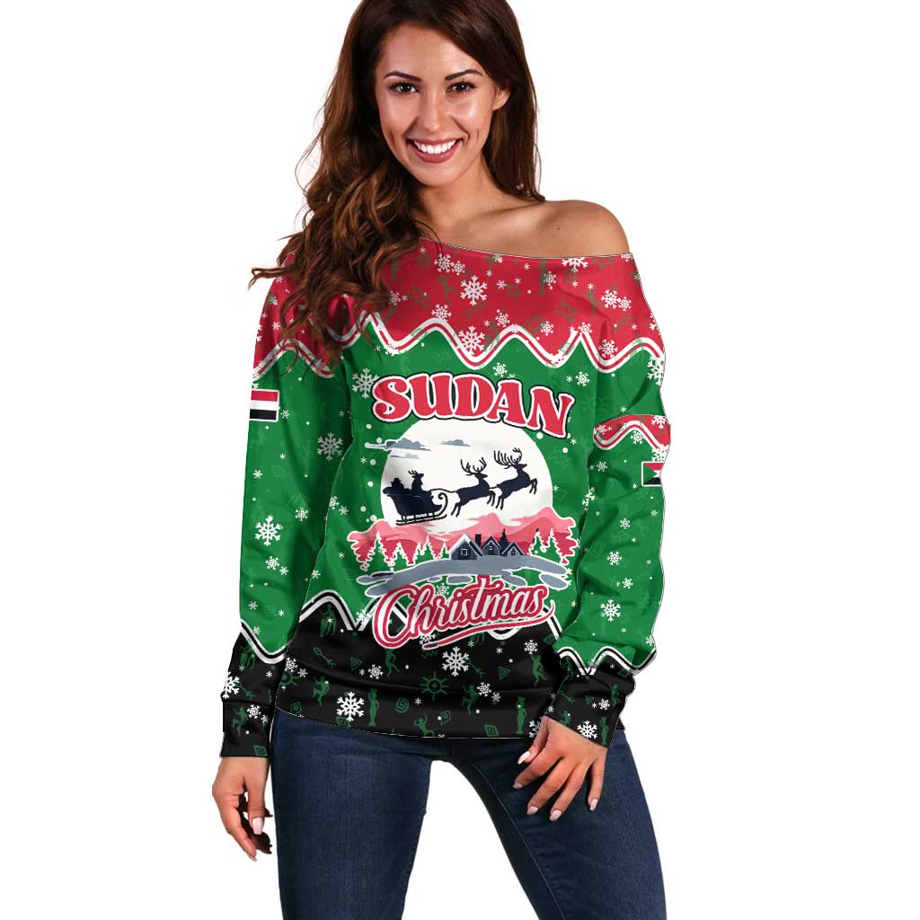 Sudan Christmas Off Shoulder Sweater with Red Green Black Xmas Santa Sleigh and Map - Wonder Print Shop