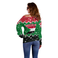 Sudan Christmas Off Shoulder Sweater with Red Green Black Xmas Santa Sleigh and Map - Wonder Print Shop