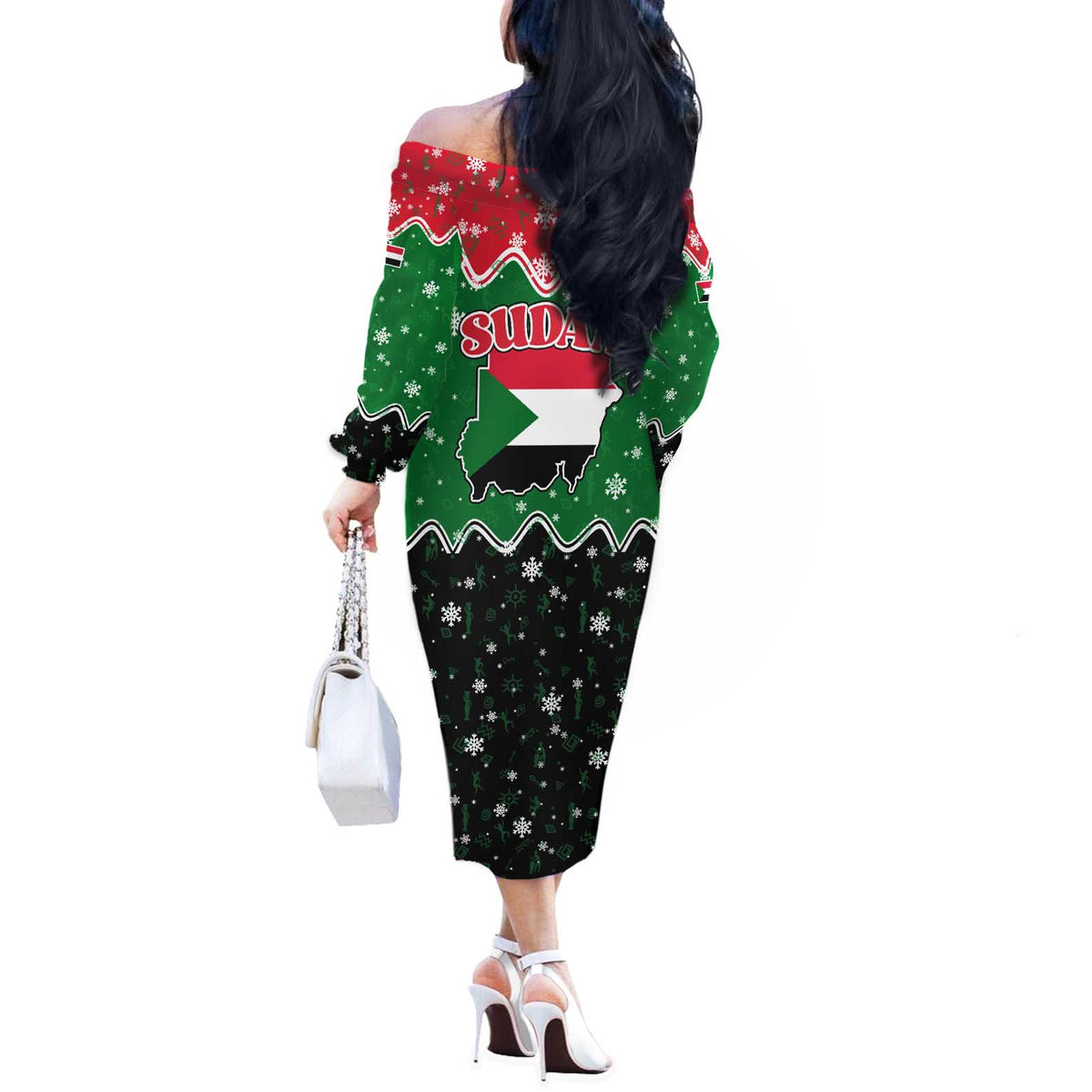 Sudan Christmas Off The Shoulder Long Sleeve Dress with Red Green Black Xmas Santa Sleigh and Map - Wonder Print Shop