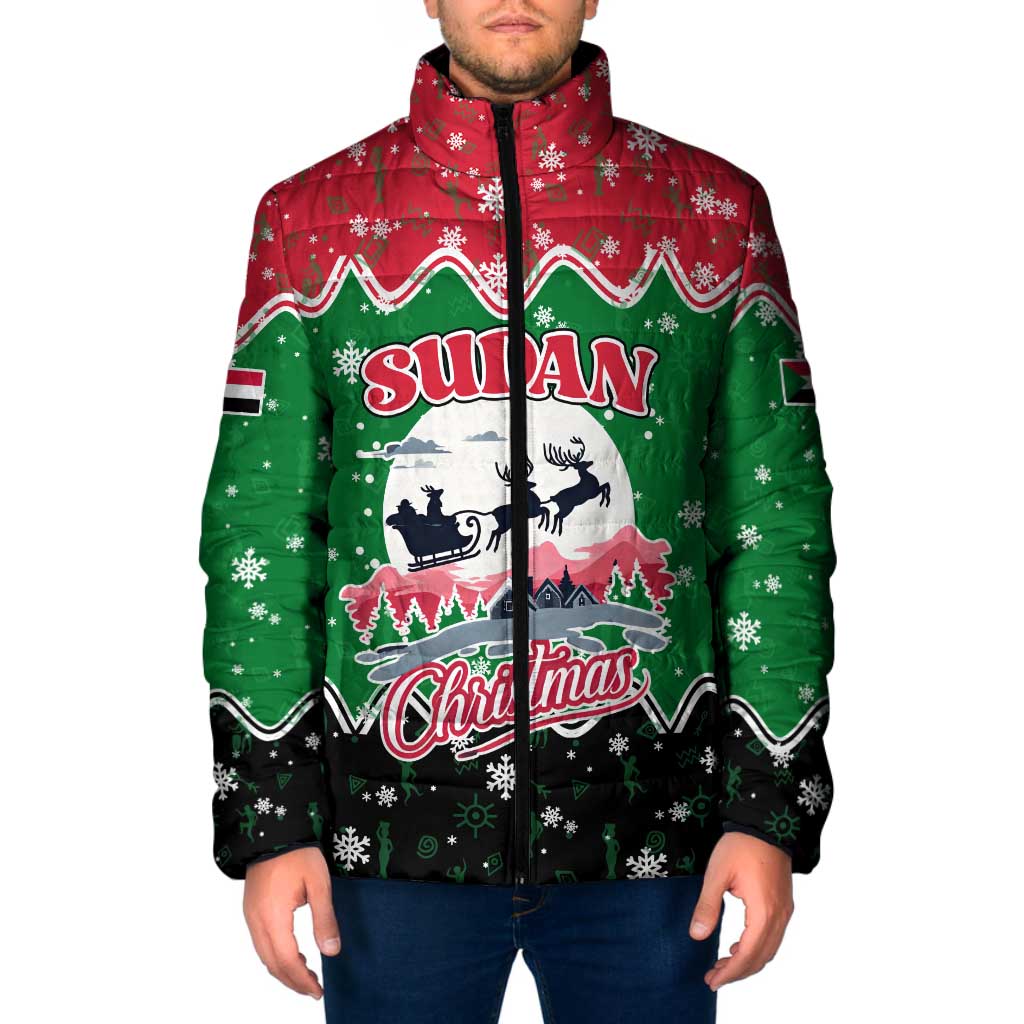 Sudan Christmas Padded Jacket with Red Green Black Xmas Santa Sleigh and Map - Wonder Print Shop