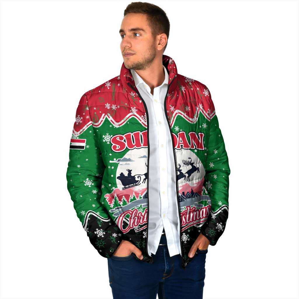 Sudan Christmas Padded Jacket with Red Green Black Xmas Santa Sleigh and Map - Wonder Print Shop