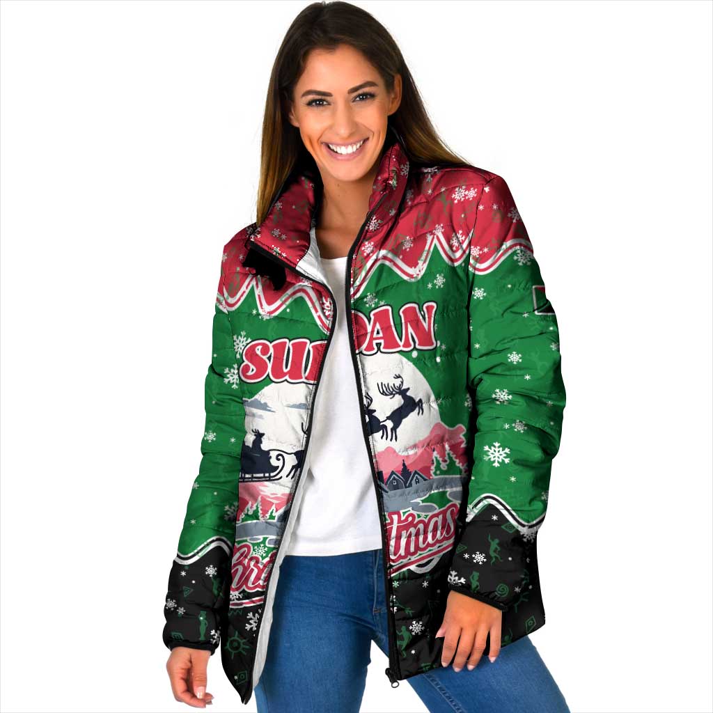 Sudan Christmas Padded Jacket with Red Green Black Xmas Santa Sleigh and Map - Wonder Print Shop