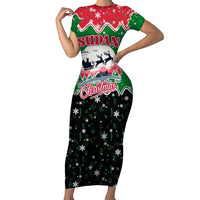 Sudan Christmas Short Sleeve Bodycon Dress with Red Green Black Xmas Santa Sleigh and Map - Wonder Print Shop
