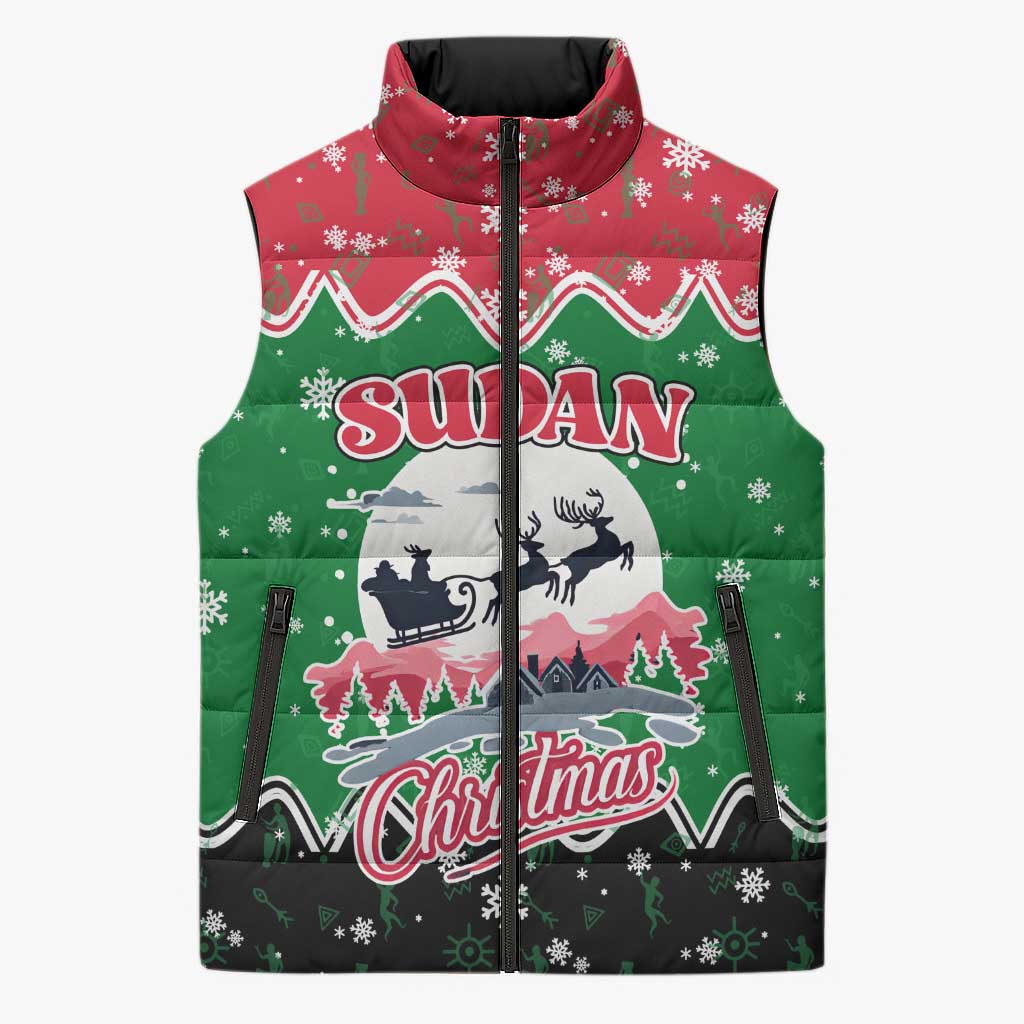 Sudan Christmas Sleeveless Puffer Jacket with Red Green Black Xmas Santa Sleigh and Map - Wonder Print Shop