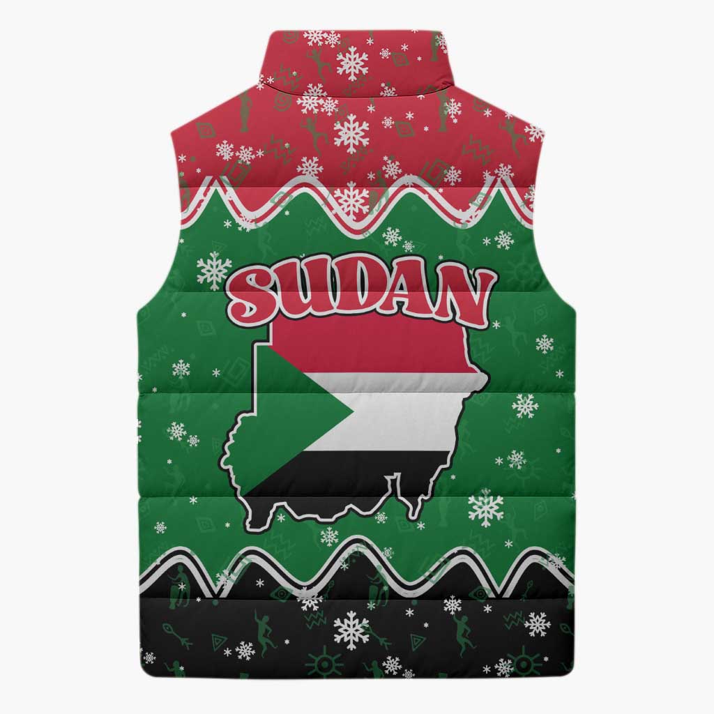 Sudan Christmas Sleeveless Puffer Jacket with Red Green Black Xmas Santa Sleigh and Map - Wonder Print Shop