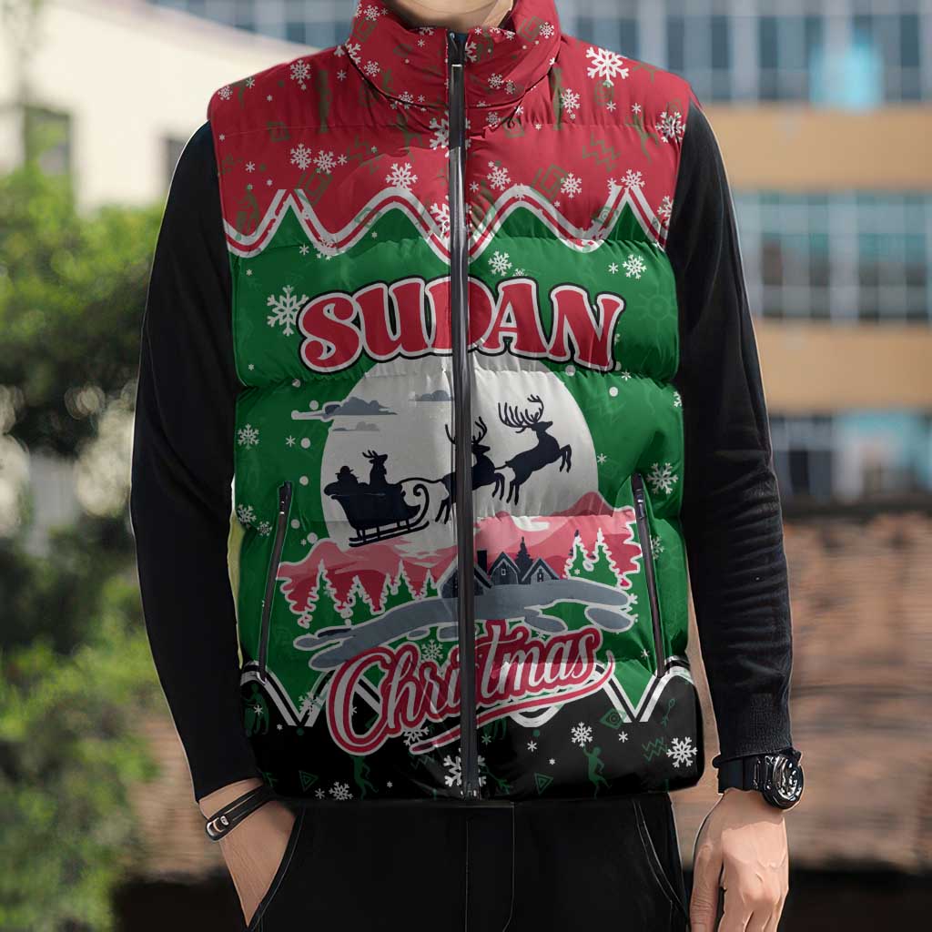 Sudan Christmas Sleeveless Puffer Jacket with Red Green Black Xmas Santa Sleigh and Map - Wonder Print Shop